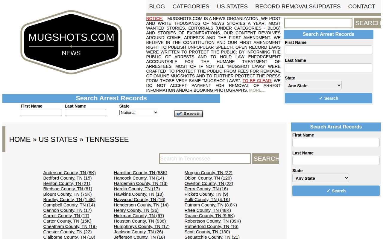 Dickson County mugshot archive context on the Mugshots.com Tennessee index