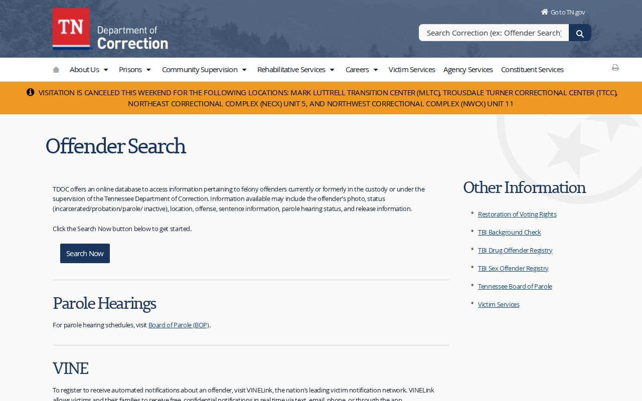 Dickson County state offender record search through Tennessee TDOC FOIL